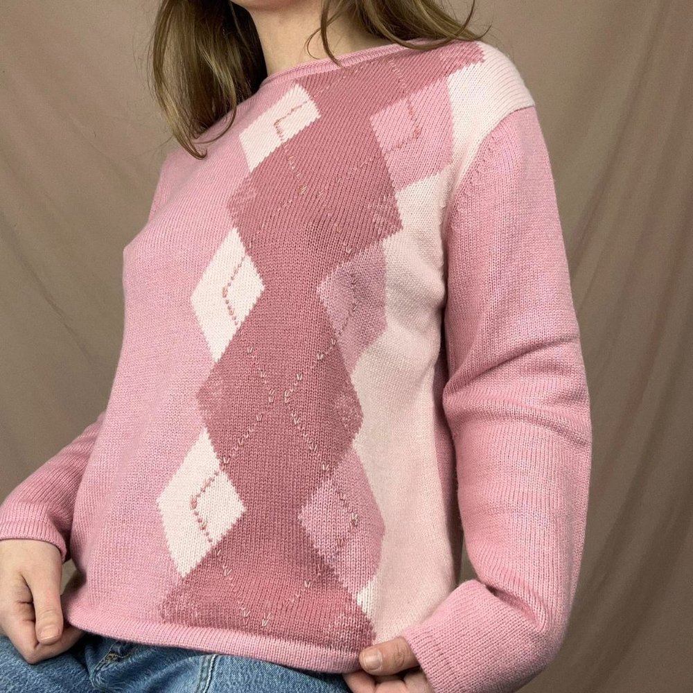 Vintage Pink Argyle Beaded Sweater